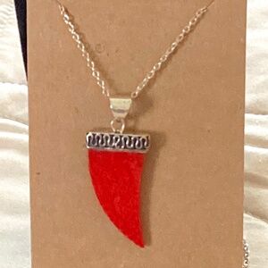 925 Sterling Silver Red Coral Shark Tooth w/Stainless Steel Chain NWOT